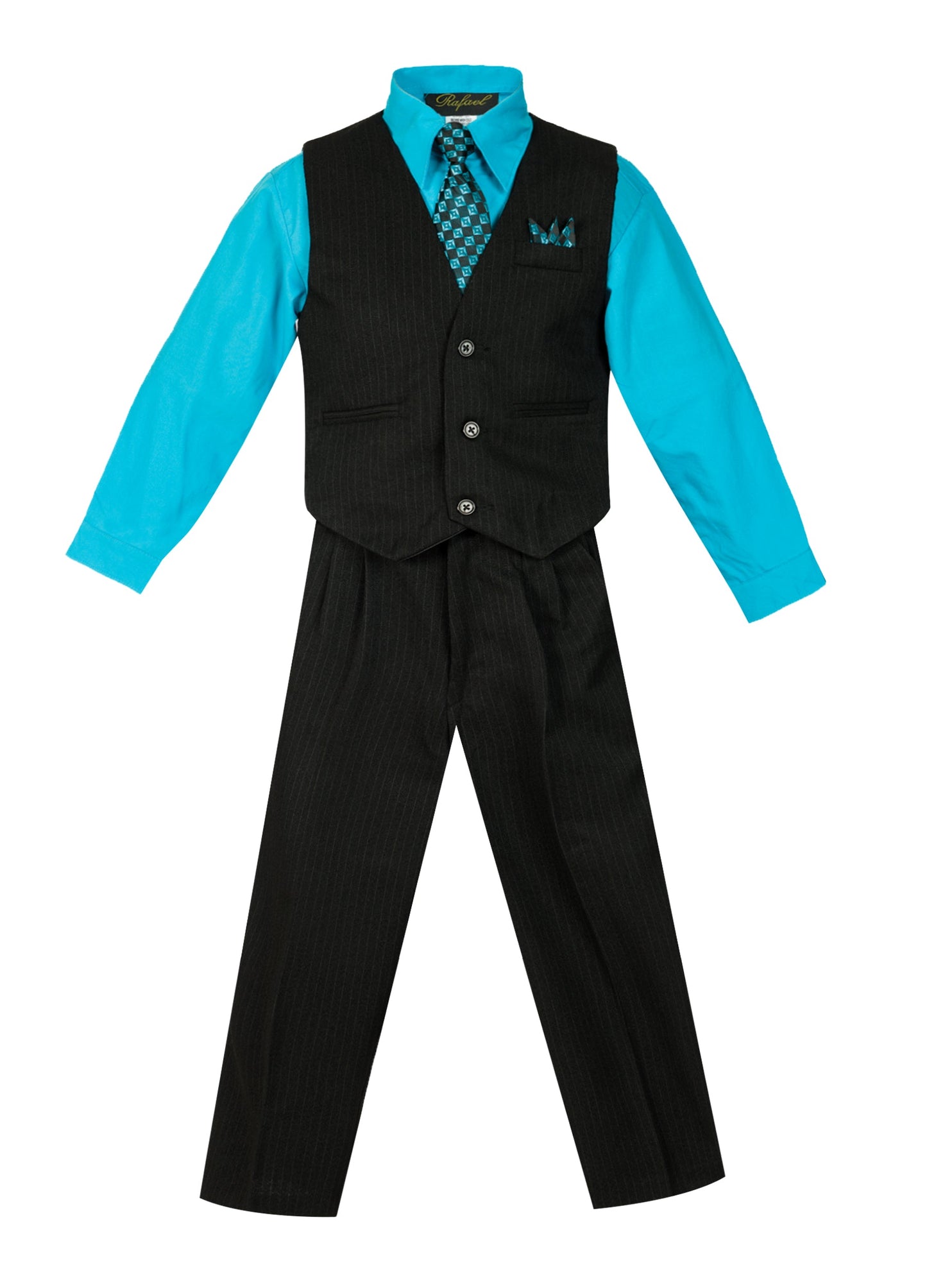 V-1688 Boys formal STRIPED vest set with tie (4 pcs) IN 5 COLORS (WHITE-TURQ-VIVID BLUE-ROYAL BLUE-RED) SIZE 6M-24M AND 2-20