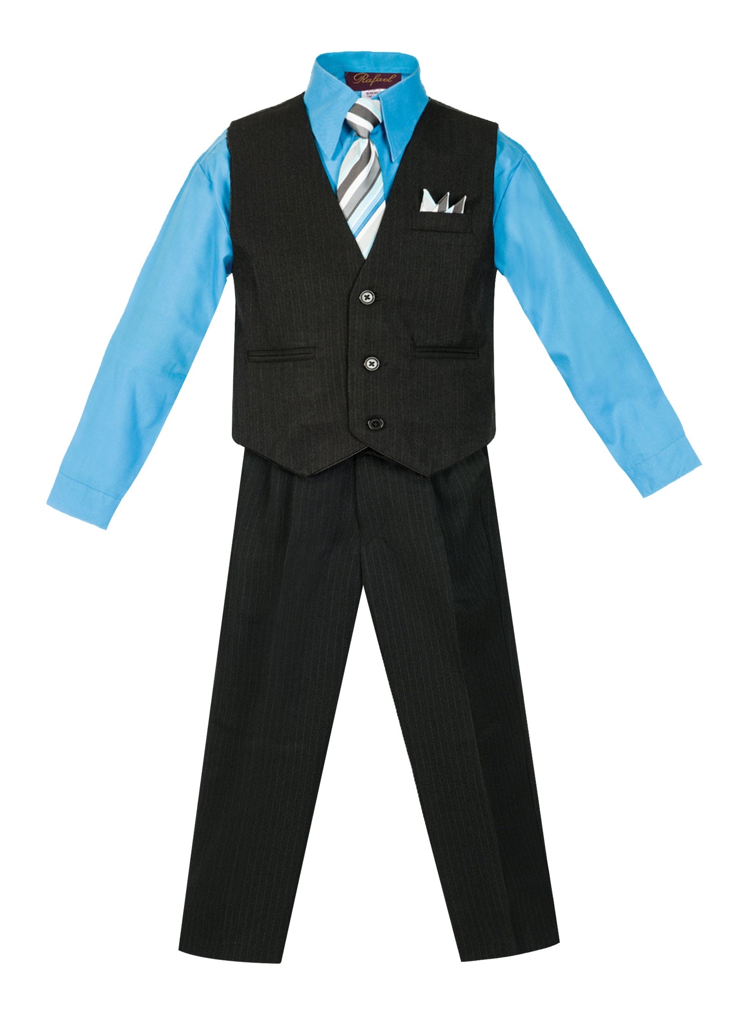 V-1688 Boys formal STRIPED vest set with tie (4 pcs) IN 5 COLORS (WHITE-TURQ-VIVID BLUE-ROYAL BLUE-RED) SIZE 6M-24M AND 2-20