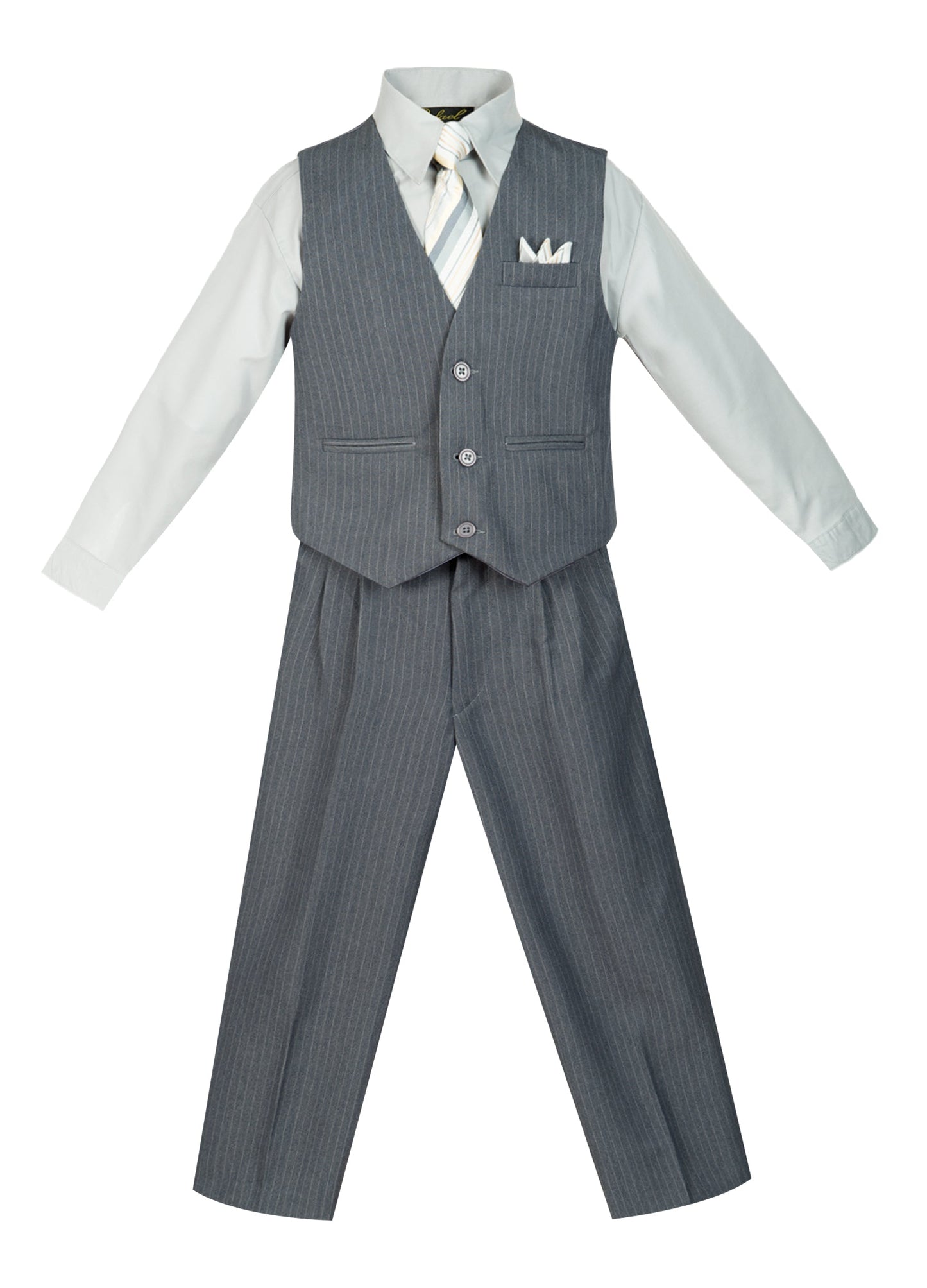 V-1688 Boys formal STRIPED vest set with tie (4 pcs) IN 5 COLORS (VIOLET-FUCSHIA-NAVY-PUMPKIN-GRAY) SIZE 6M-24M AND 2-20