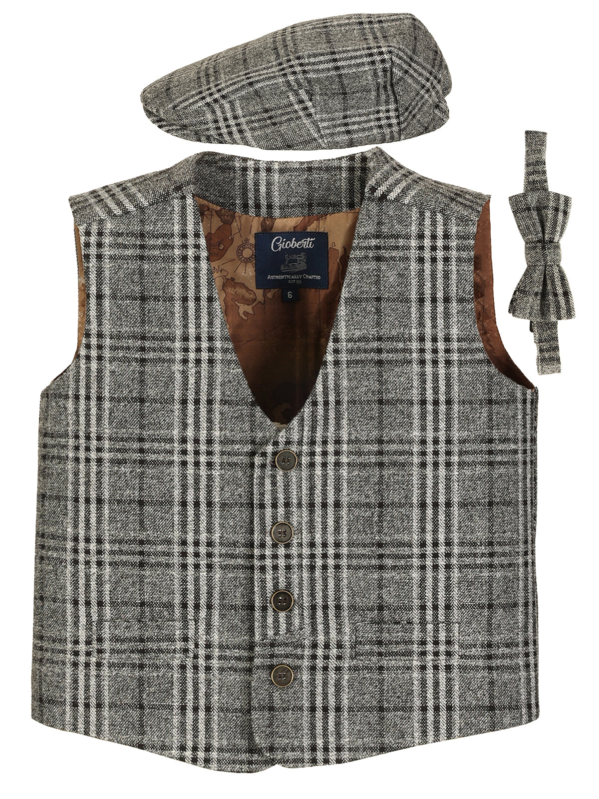 VCB-81 BOYS 3 PCS CHECKERED TWEED VEST, BOW TIE, AND CAP SET SIZE 2-14