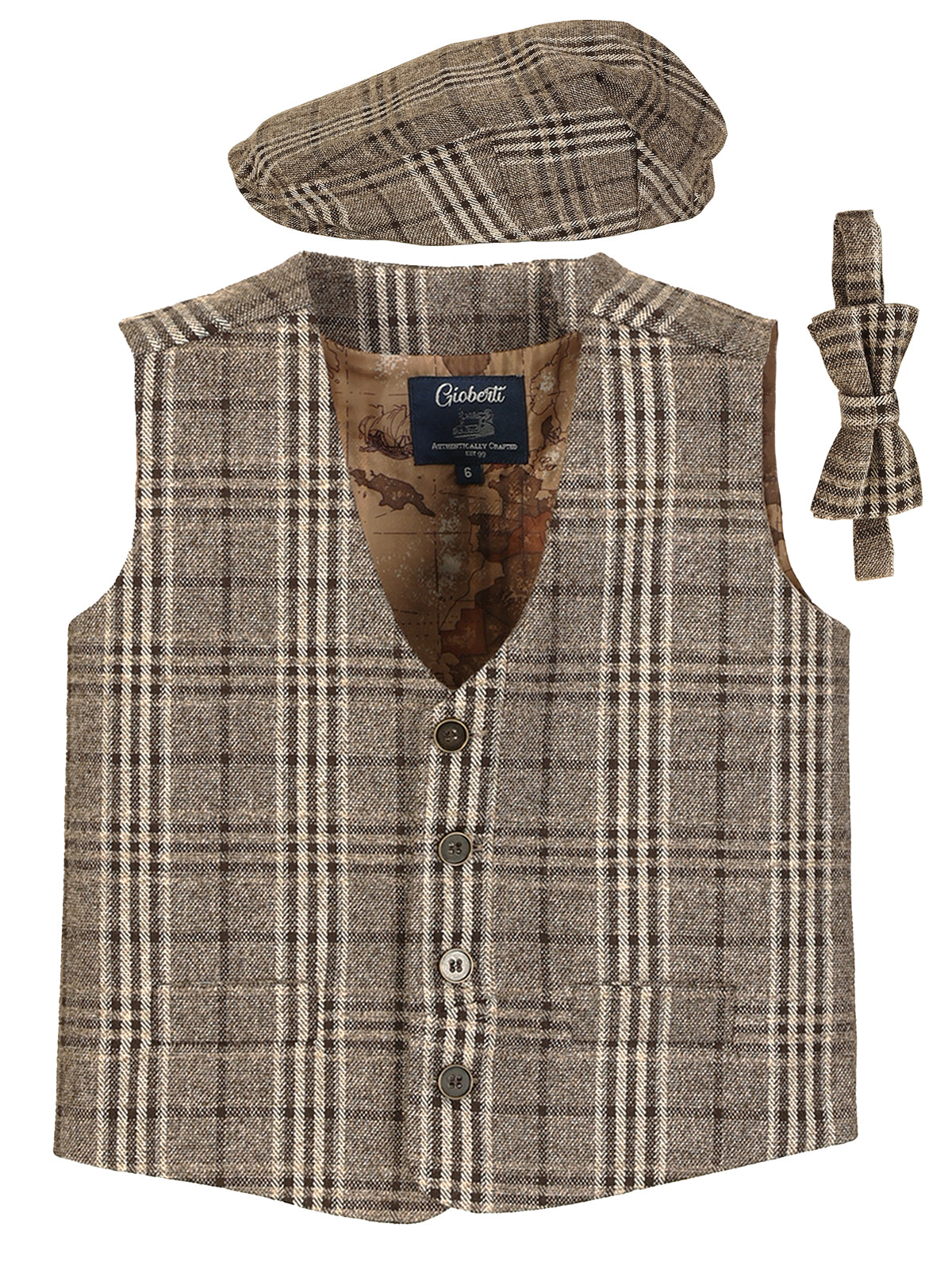 VCB-81 BOYS 3 PCS CHECKERED TWEED VEST, BOW TIE, AND CAP SET SIZE 2-14