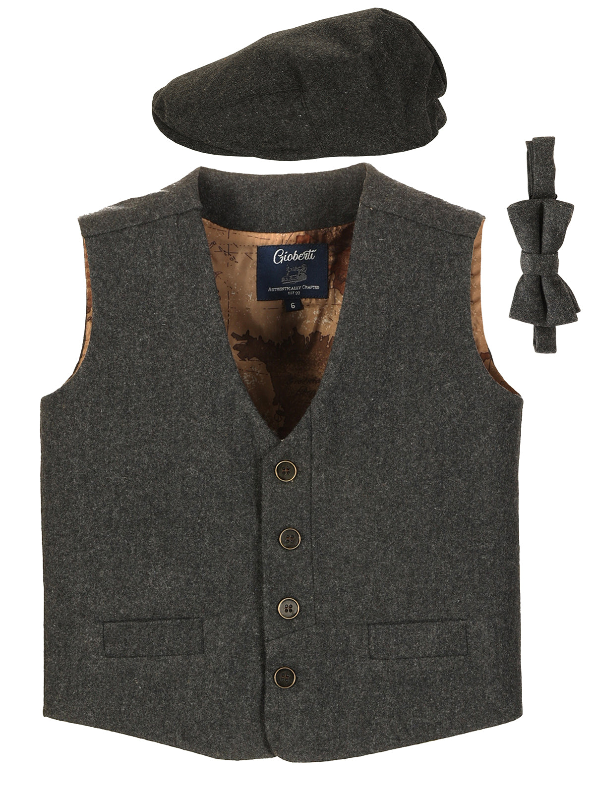 VCB-81 BOYS 3 PCS SOLID TWEED VEST, BOW TIE, AND CAP SET SIZE 2-14