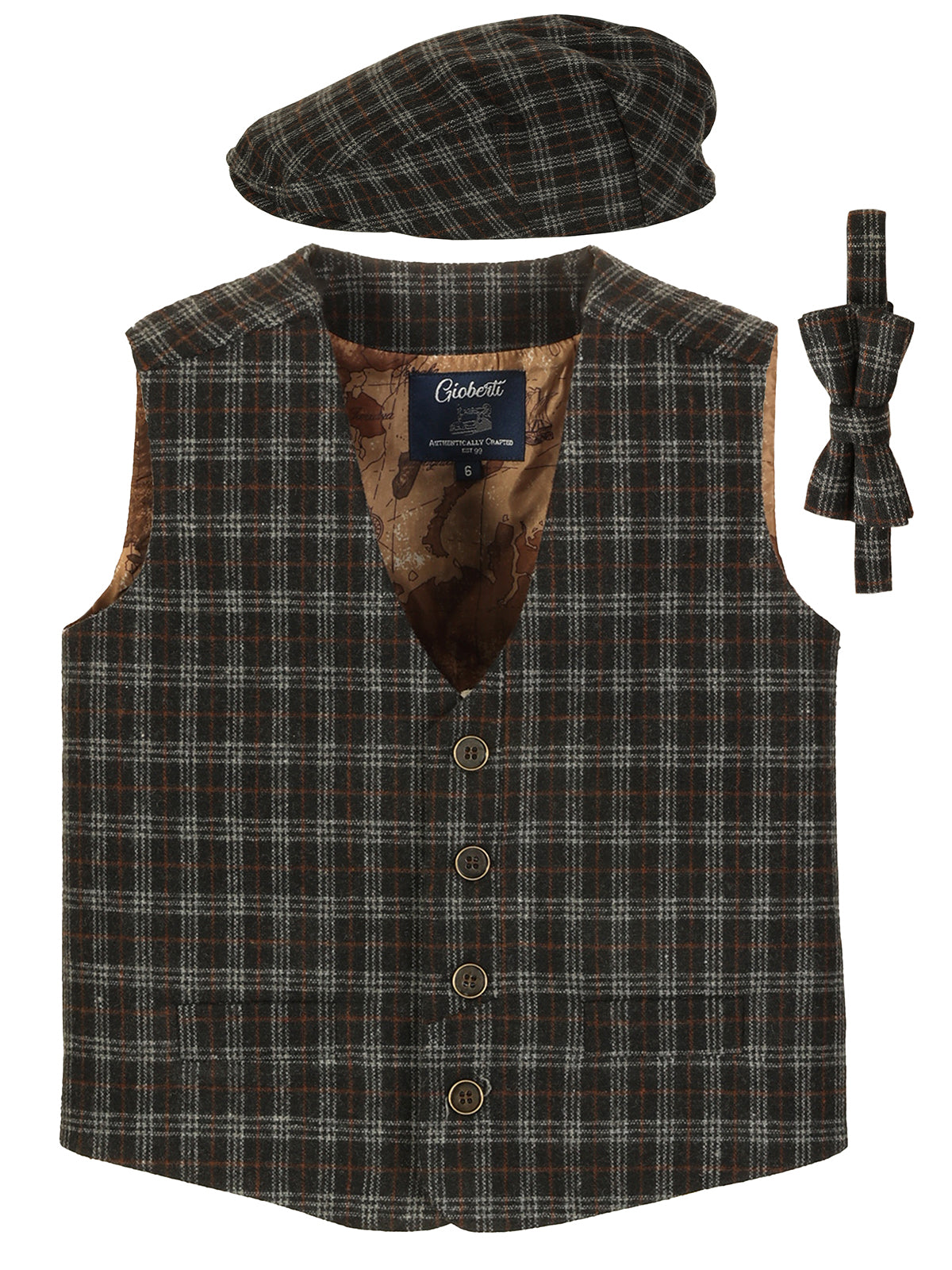 VCB-81 BOYS 3 PCS CHECKERED TWEED VEST, BOW TIE, AND CAP SET SIZE 2-14