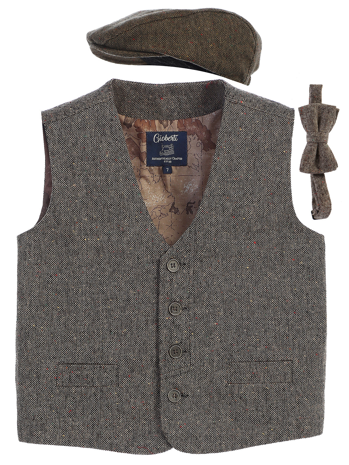 VCB-81 BOYS 3 PCS SOLID TWEED VEST, BOW TIE, AND CAP SET SIZE 2-14