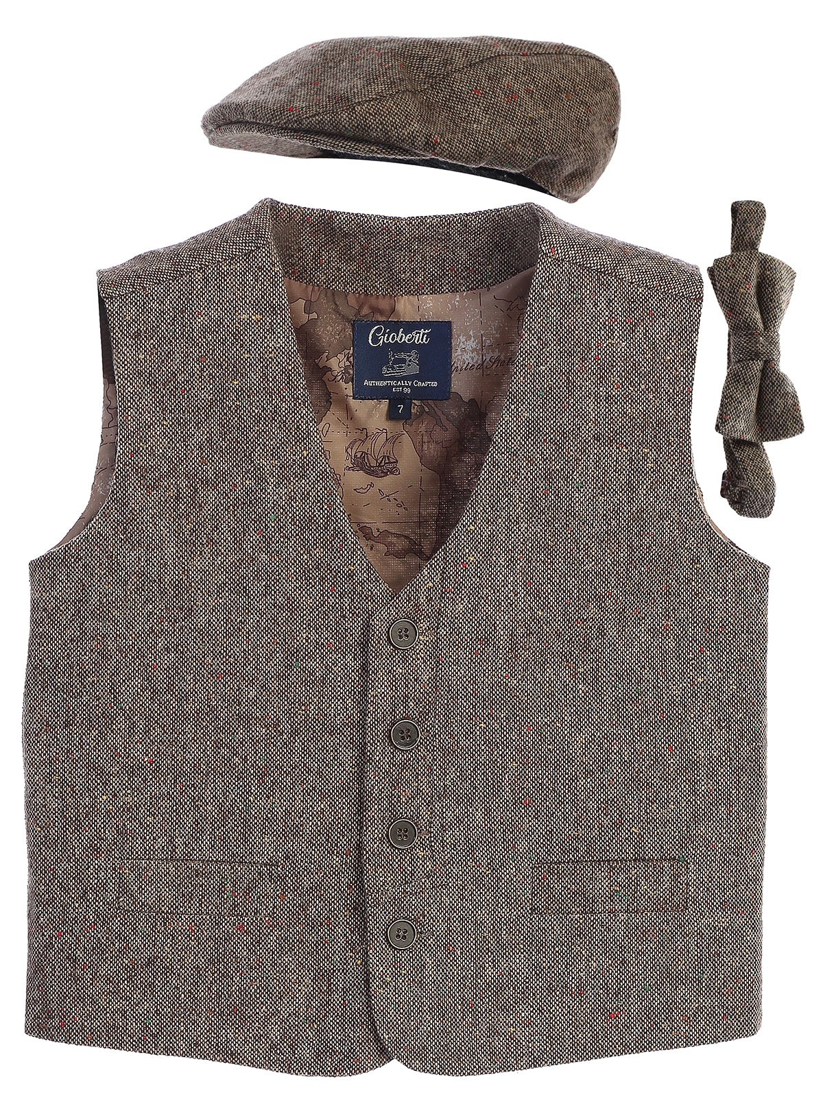 VCB-81 BOYS 3 PCS SOLID TWEED VEST, BOW TIE, AND CAP SET SIZE 2-14