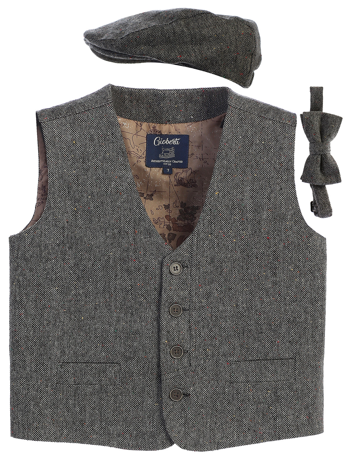 VCB-81 BOYS 3 PCS SOLID TWEED VEST, BOW TIE, AND CAP SET SIZE 2-14