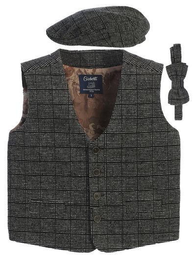 VCB-81 BOYS 3 PCS CHECKERED TWEED VEST, BOW TIE, AND CAP SET SIZE 2-14