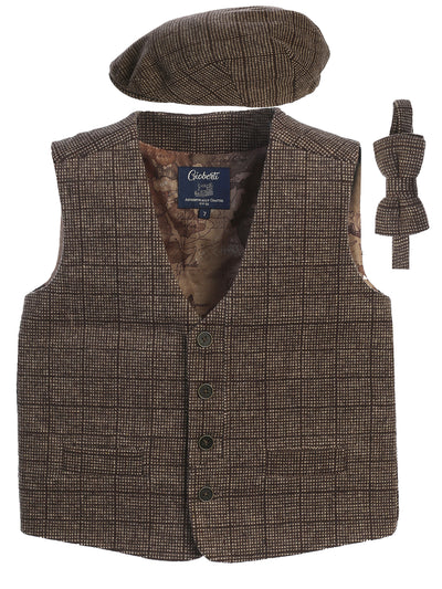 VCB-81 BOYS 3 PCS CHECKERED TWEED VEST, BOW TIE, AND CAP SET SIZE 2-14