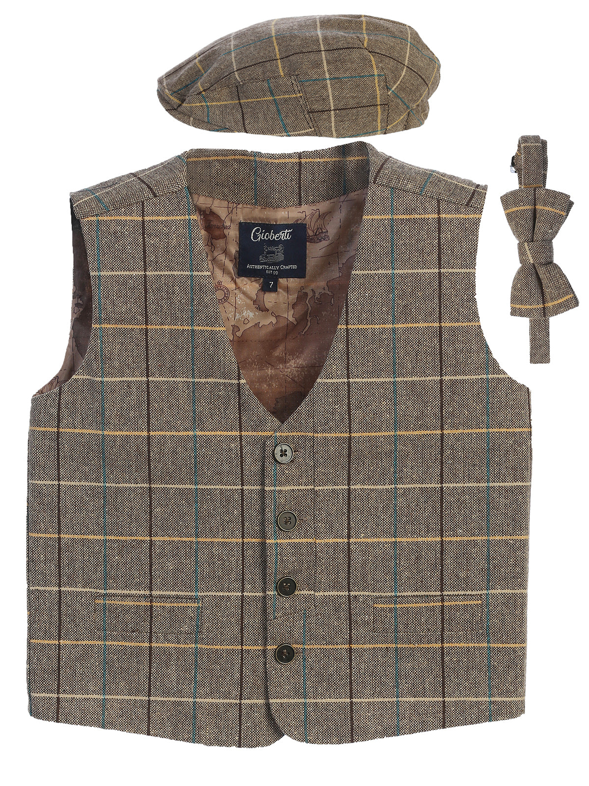 VCB-81 BOYS 3 PCS CHECKERED TWEED VEST, BOW TIE, AND CAP SET SIZE 2-14