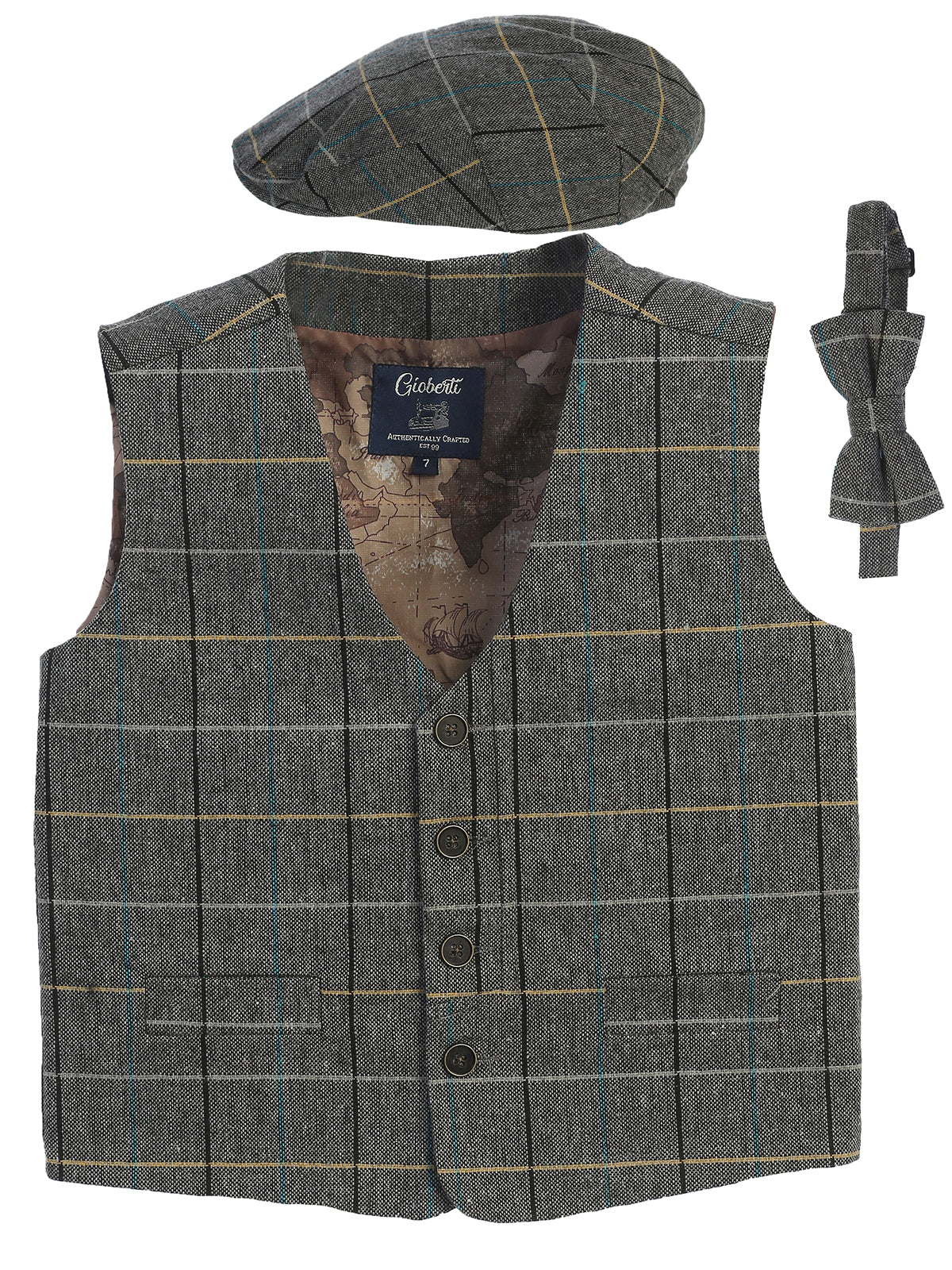 VCB-81 BOYS 3 PCS CHECKERED TWEED VEST, BOW TIE, AND CAP SET SIZE 2-14