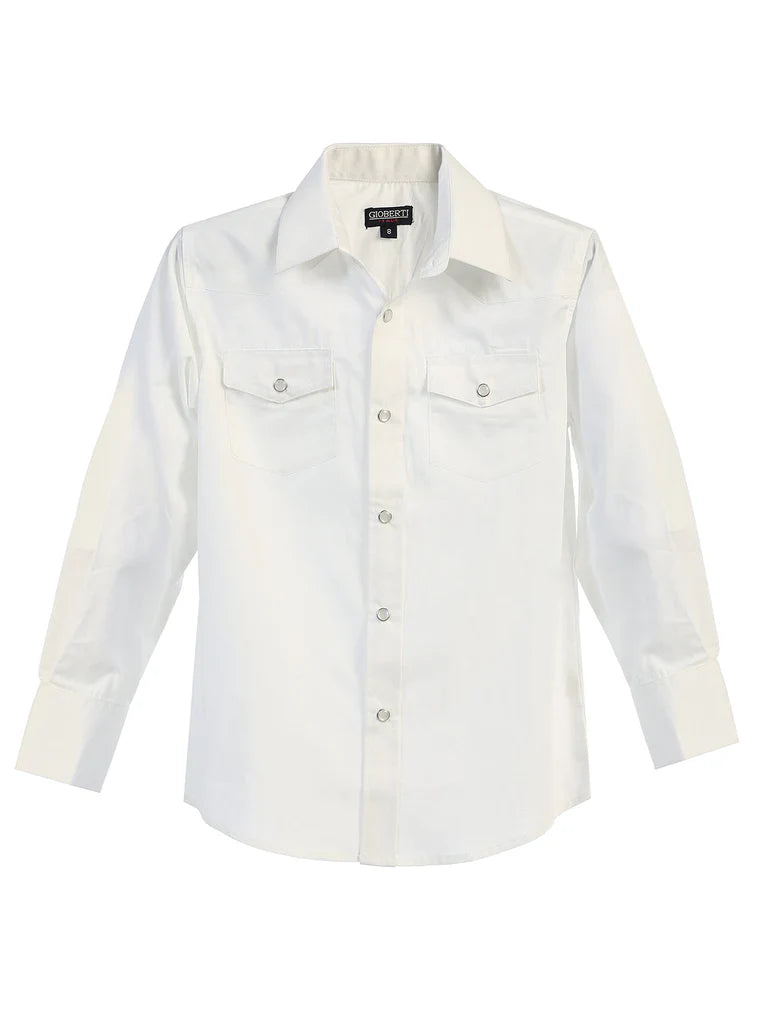 Boy's Casual Western Solid Long Sleeve Shirt with Pearl Snaps