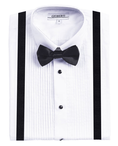 Boy's White Tuxedo Dress Shirt with Bow Tie & Suspenders and Metal Studs