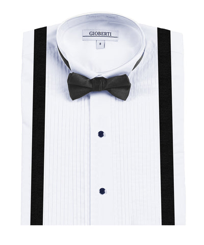 Boy's Wing Tip Collar White Tuxedo Dress Shirt with Bow Tie & Suspenders and Metal Studs