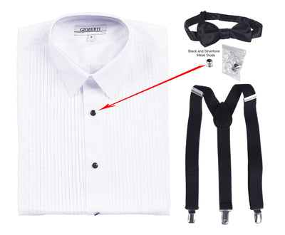 Boy's White Tuxedo Dress Shirt with Bow Tie & Suspenders and Metal Studs
