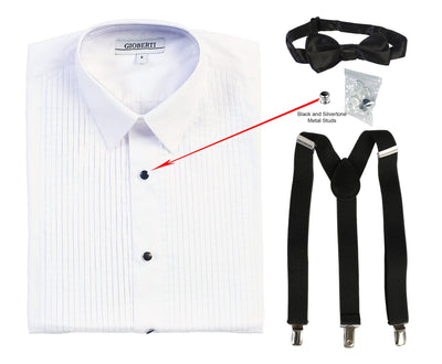 Boy's Wing Tip Collar White Tuxedo Dress Shirt with Bow Tie & Suspenders and Metal Studs